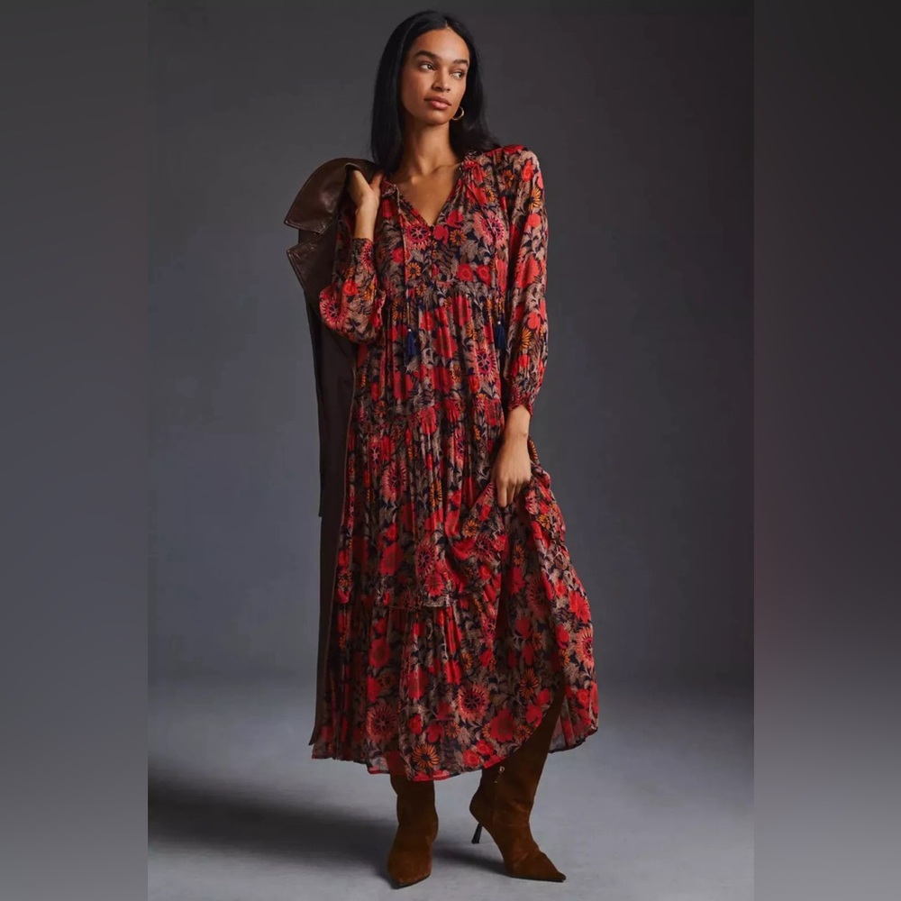 Anthropologie The Marais Printed Chiffon Maxi Dress Floral Print XS